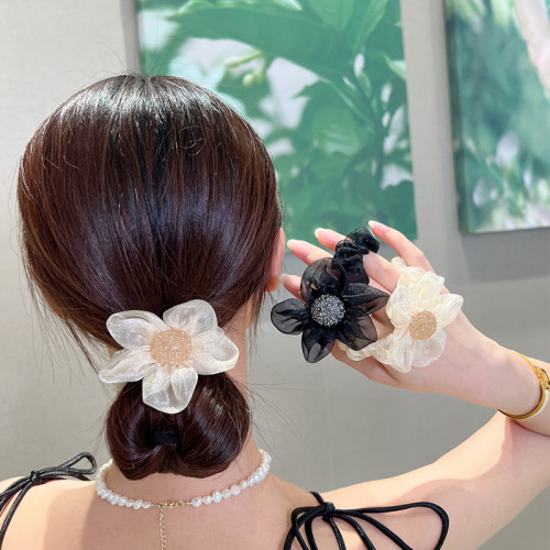 new fabric craft hair accessories mesh shiny rhinestone sunflower hair ring ponytail hair string hair band for bun haircut summer