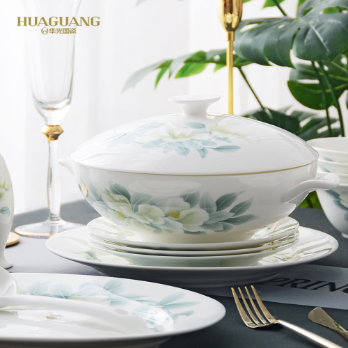 huaguang ceramic bowl and dish suit bone china tableware suit suit household high temperature in-glaze decoration gift box qingqiu elegant