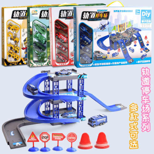 double-layer rail car toy boy warrior engineering vehicle road sign set parking lot toy gift box