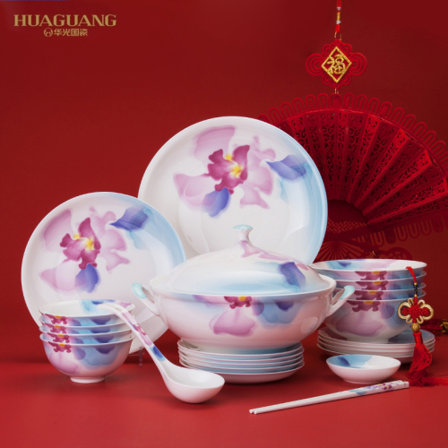 huaguang ceramic bone china bowls and dishes tableware set draining double layer dumpling plate dish and bowl ceramic gift box guoyun tianxiang