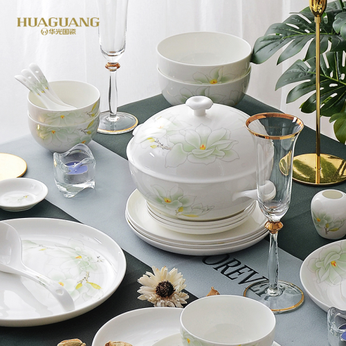 huaguang national porcelain zibo high-end bone china tableware suit bowl and dish set household combination chinese in-glaze decoration white magnolia