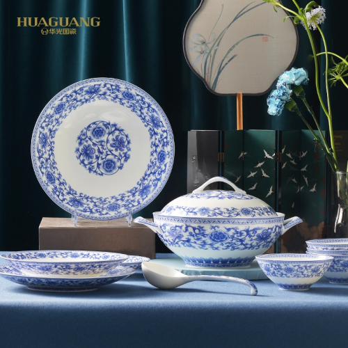 huaguang ceramic bone china tableware suit bowl and dish set household in-glaze decoration chinese blue and white desire language