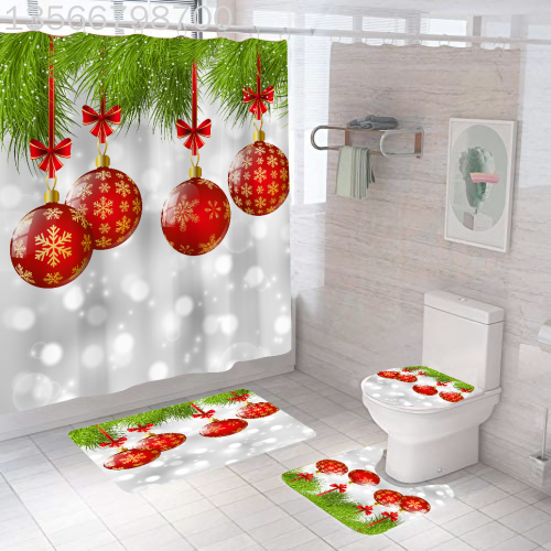 [Muqing] Amazon Hot Selling Christmas Tree Shower Curtain Set Four-Piece Digital Printing Polyester Shower Curtain Punch-Free 