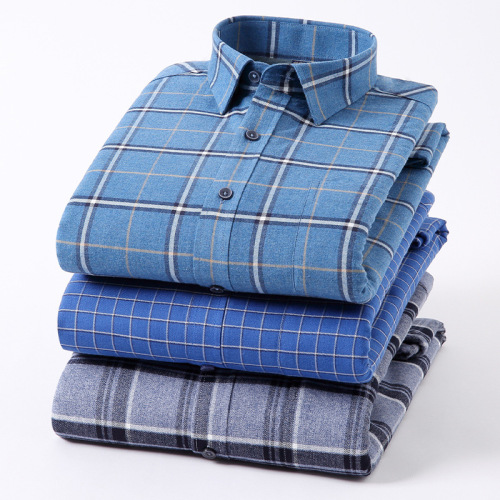Men‘s Thermal Plaid Shirt Autumn and Winter New Fleece-Lined Thickened Cotton Long-Sleeved Shirt Young and Middle-Aged Pure Cotton Shirt