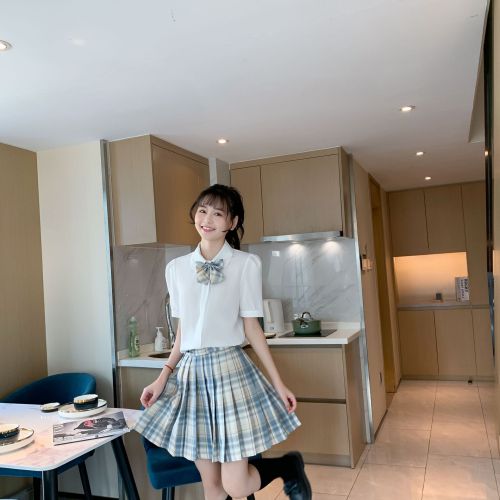 JK Shirt Senior Sister Uniform Women‘s Short-Sleeved Short Skirt Hot Girl Bad Suit College Style Waist-Tight Chest-Lifting Top Summer White 