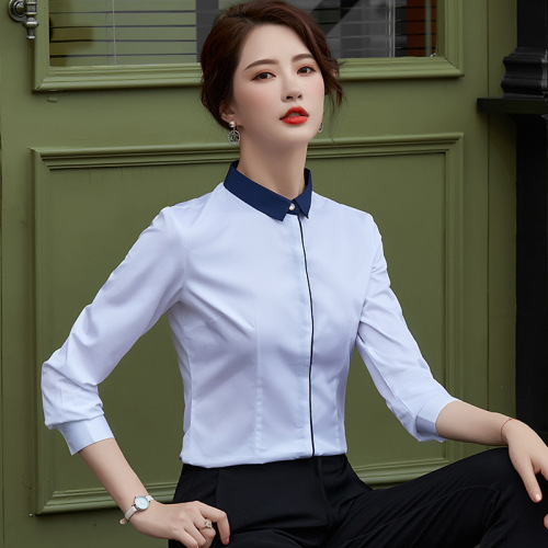 Peter Pan Collar Contrast Color Shirt Autumn and Winter Long-Sleeved Shirt Women‘s Business Wear Overalls commuting Ol Slim Temperament Slimming