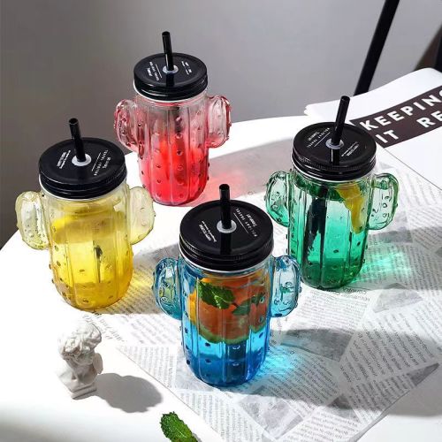 Creative Cactus Glass Straw Milky Tea Cup Summer Household Juice Cool Drinks Cup Glass Cup with Lid