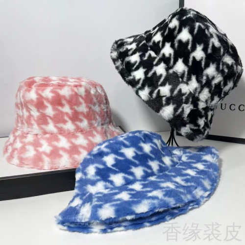 New Houndstooth Plush Fisherman Hat Europe and America Cross Border Fashionable Warm Bucket Hat Autumn and Winter Outdoor Travel Rabbit Fur Hat