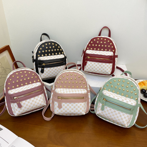 Rivet Schoolbag Cross-Border Wholesale 2022school Backpack Women‘s Small Backpack Contrast Color Fashion Backpack