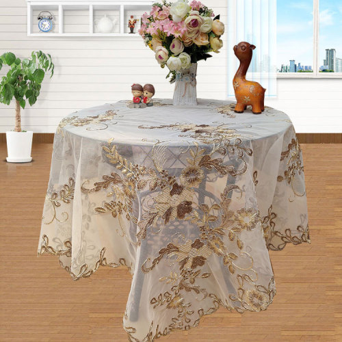 Tablecloth European-Style Embroidered Transparent Mesh Tablecloth Dining Room Bedroom Bedside Table Cover Cloth Flower Living Room Coffee Table Cloth Gold 