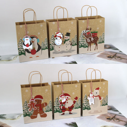 Christmas Square Bottom Handbag High-Grade Kraft Paper Animal Pattern Hanging Card Paper Gift Packaging Portable Paper Bag