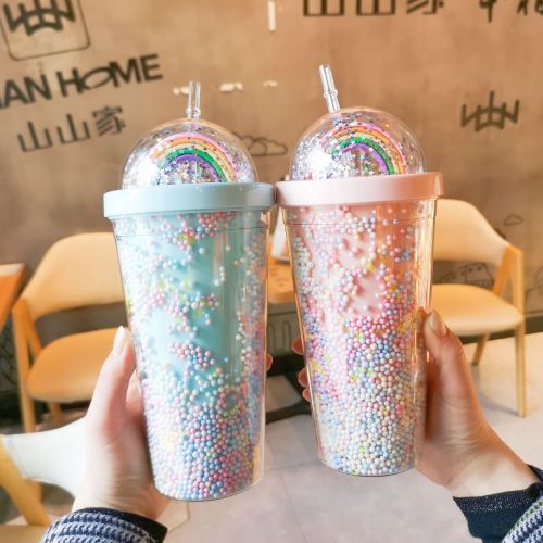 new creative rainbow plastic water cup fashion large capacity women‘s straw cup mori double-layer colorful beads smooth beverage cup