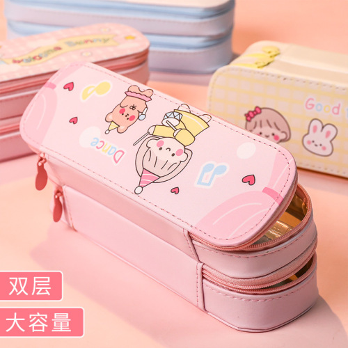 School Season Double Layer Pencil Case Large Capacity Simple Canvas Girl Primary School Student Cute Stationery Pencil Box Prize Gift