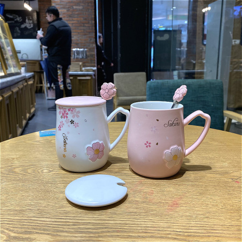 japanese-style creative cherry blossom ceramic water cup with lid spoon heat-resistant cup home office relief mug girl‘s heart