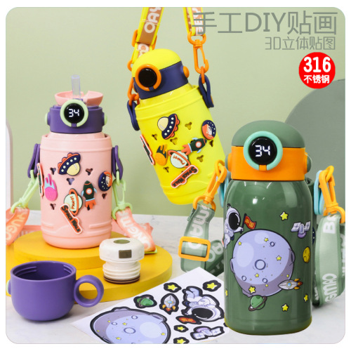 [lingpan cup preferred] creative hole diy cartoon sticker stainless steel temperature display straw cup