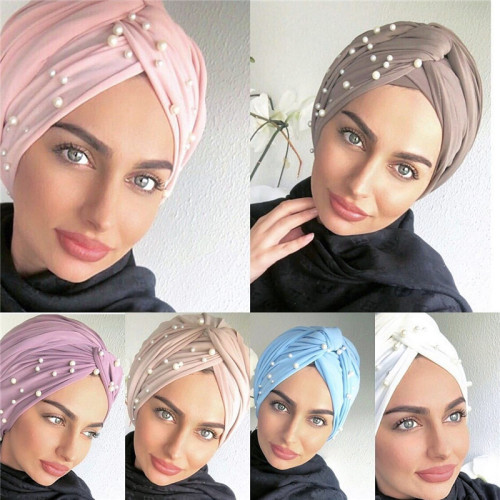 Exclusive for Cross-Border Arab Headcloth Bottoming Hood Wholesale Nail Pearl Baotou Bright Color Hat Headscarf Xm32