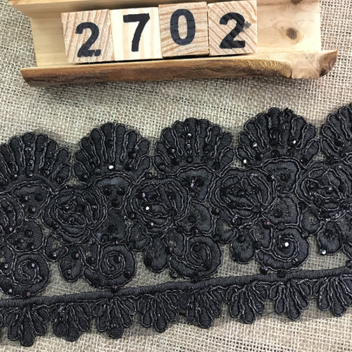 black glass yarn polyester hot drilling bar code car bone lace wedding dress dress fashion embroidery factory wholesale