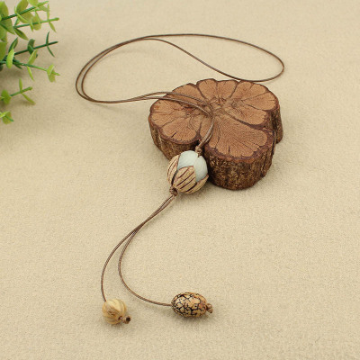 Retro Ethnic Style Bodhi Necklace Carved Lotus Pendant Sweater Chain Women's All-Match Simple Artistic Cotton and Linen Accessories