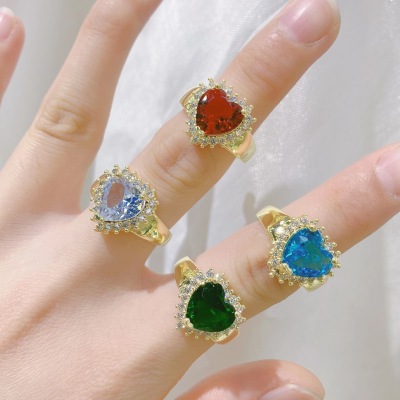 European and American Ins Style Colored Loving Heart Zircon Proposal Wedding Rhinestone Ring Couple Gold-Plated Open Ring Personality Affordable Luxury