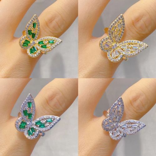 South Korea Dongdaemun Trendy 18K Real Gold Opening Adjustable Copper Inlaid Zircon Smart Butterfly ring Open Ring
