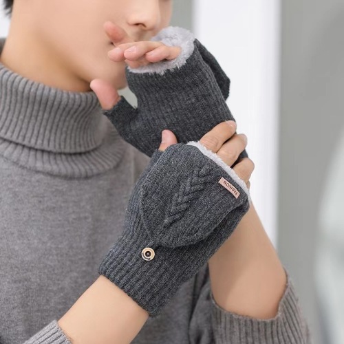 Winter Cycling Warm-Keeping and Cold-Proof Gloves Men‘s Fleece-Lined Thickened Riding Wool Knitted Touch Screen Winter Half Finger Driving