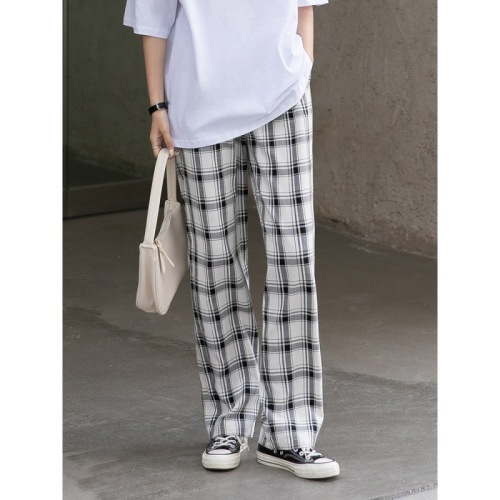 [customized processing] suit plaid pants women‘s summer thin casual loose straight pants high waist slimming wide leg pants
