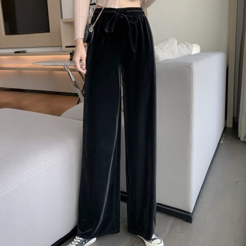 Pleuche Wide Leg Pants Women‘s Spring and Autumn Thin High Waist Drooping Trousers Straight Loose Small Mop Casual Pants Black