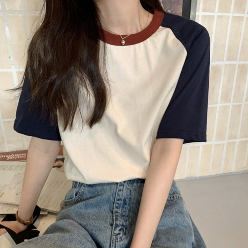 INS Korean Style Simple and Casual Loose Western Style Versatile Short Sleeve round Neck Chic Raglan Sleeve Color Matching T-shirt Top for Women Summer