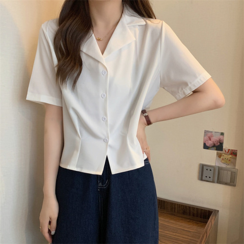 large size summer white shirt short sleeve women‘s design korean style suit collar shirt loose irregular top wholesale
