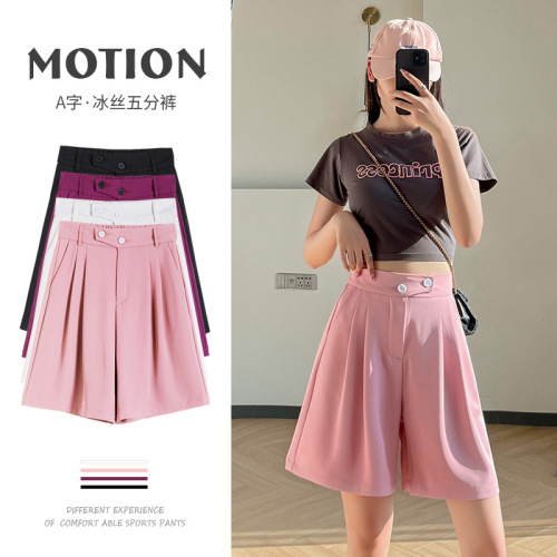 New Suit Shorts Women‘s Summer Thin High Waist A- line Straight Middle Pants Loose Wide Leg Leisure Fifth Pants Wholesale