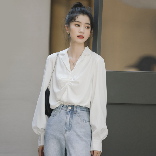 retro hong kong style suit collar white shirt design sense niche pleated salt temperament korean style loose long-sleeved shirt women