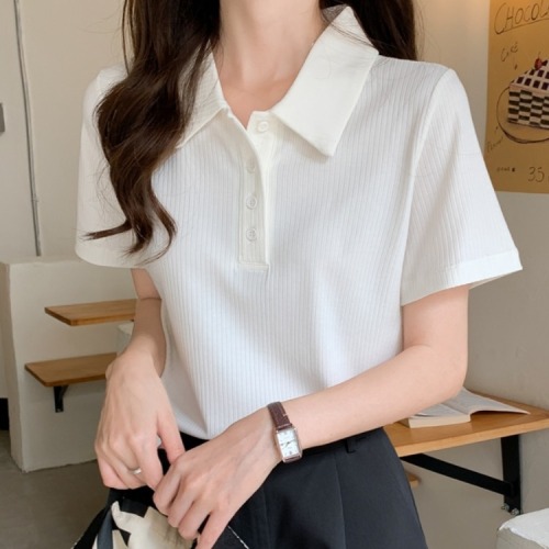 Retro Polo Collar Knitwear Slim-Fit Short-Sleeved Shoulder T-shirt Women‘s Summer 2022 New Solid Color Short Top Fashion