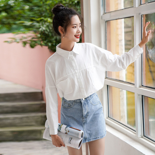 2022 spring and autumn new korean simple fresh elegant lapel white shirt hong kong style loose long sleeve blouse