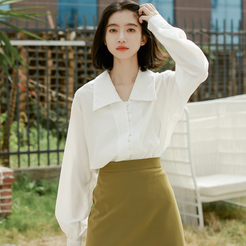 spring and summer top 2022 new korean style loose lapel long sleeve white shirt women‘s design sense niche temperament shirt
