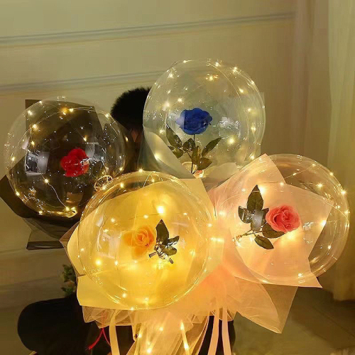 Internet Celebrity Wave Ball Wholesale Rose Luminous Bouquet Transparent Balloon Valentine‘s Day Gift Push Stall Style 