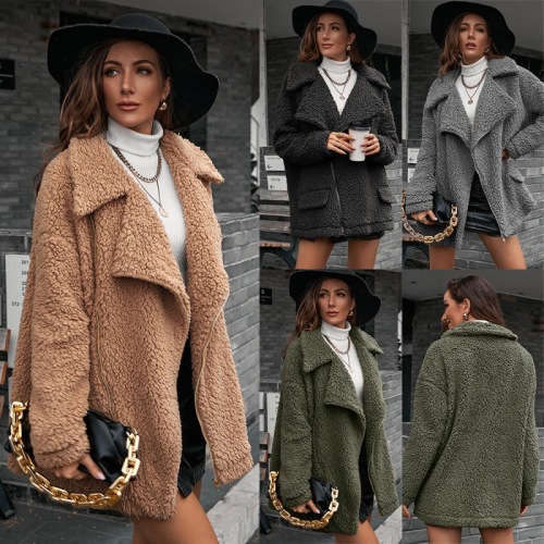 Foreign Trade European and American Leisure Loose Thick Bubble Velvet Zipper Furry Coat Lapel Lamb Wool Trench Coat