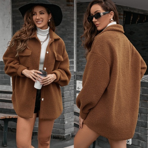 European and American Cotton Velvet Jacket Single-Breasted Long-Sleeved Woolen Coat Casual Mid-Length Plush Coat Top Women