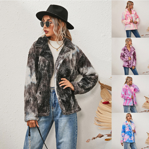 Cross-Border Autumn and Winter New Amazon Hot European and American Tie-Dyed Rabbit Fur Double-Sided Plush Long Sleeve Double-Breasted Thickened Coat