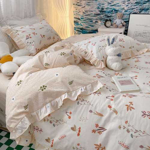 Small Floral Autumn and Winter Thickened Cotton Four-Piece Princess Style Bed Sheet Fitted Sheet Three-Piece 100% Cotton Set Bedding
