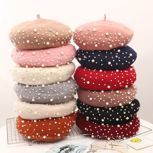 new xiaomi pearl wool beret female winter british retro octagonal hat korean style all-match japanese pumpkin hat