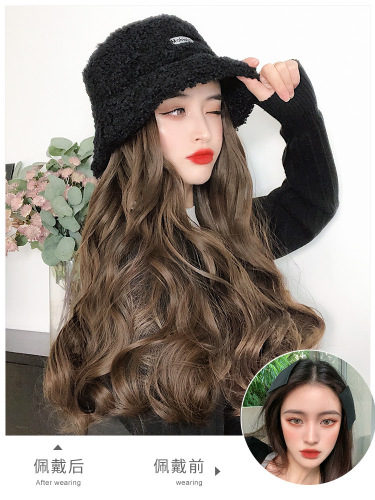 women‘s long hair wig hat integrated fashion women‘s net red lamb hat long curly hair big wave natural full head cover