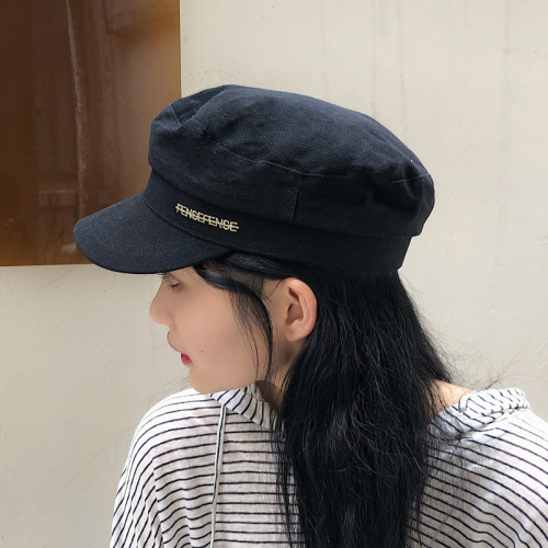Korean Style All-Match Letters Embroidery Flat Top Navy Hat Women‘s Autumn Winter Street Fashion Peaked Cap Beret Japanese Octagonal Cap