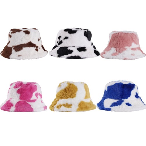 Hat Women‘s Foreign Trade Autumn and Winter Cows Pattern Bucket Hat Popular Online Red Korean Style Thickened Warm Plush Bucket Hat Men‘s Adjustable