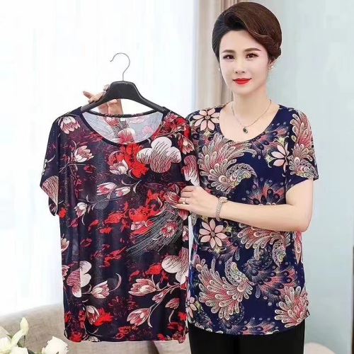 middle-aged and elderly women‘s clothing summer wear mother‘s ice silk short-sleeved t-shirt plus size middle-aged loose top mother‘s wear