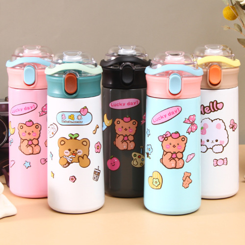 new 304 stainless steel thermos cup large capacity student portable bullet cup portable cover cartoon cute cup with straw