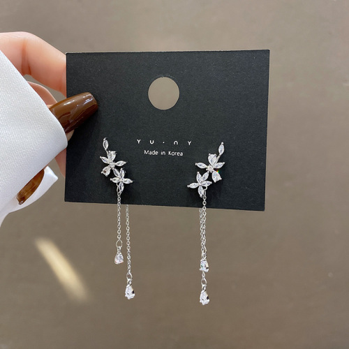 Sterling Silver Needle High-Grade Fringed Zircon Earrings Women‘s Korean-Style Super Fairy Flowers Earrings Design Sense Online Influencer Ear Jewelry