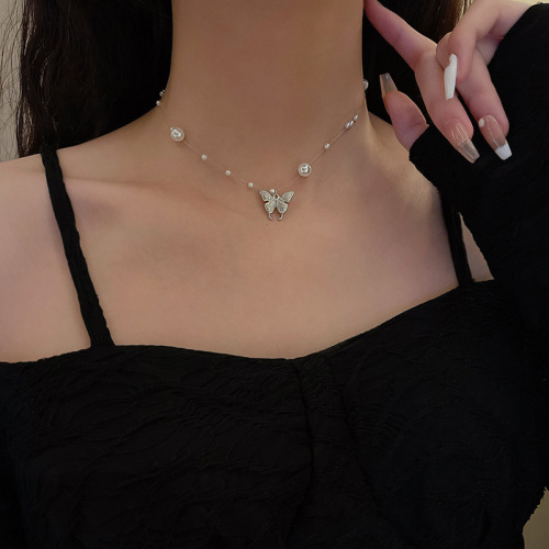 2022 new super fairy ice mist butterfly necklace ins style simple pearl fishing line clavicle chain hot accessories female