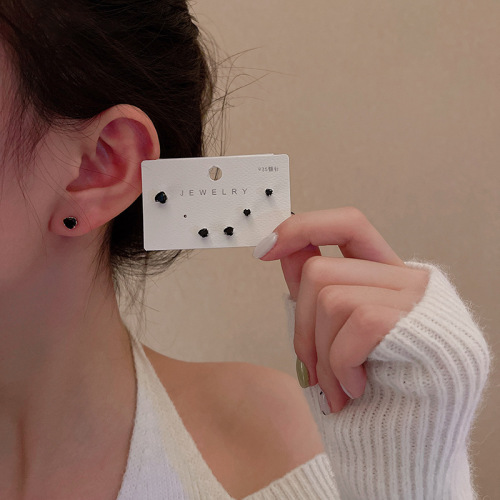 six-piece black zircon small stud earrings female korean niche all-matching internet celebrity stud earrings simple design ear earrings