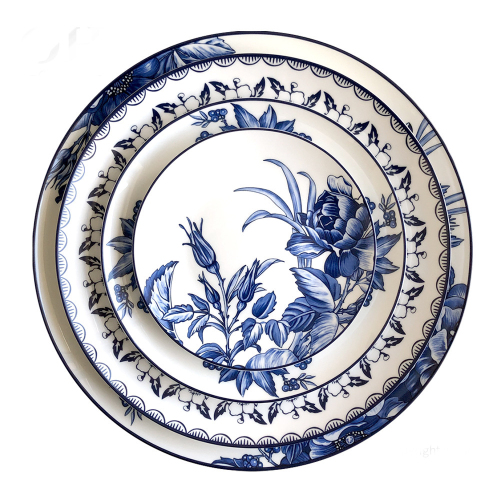 high bone china tableware ceramic plate peony blue and white disc shallow plate steak fruit cake pan