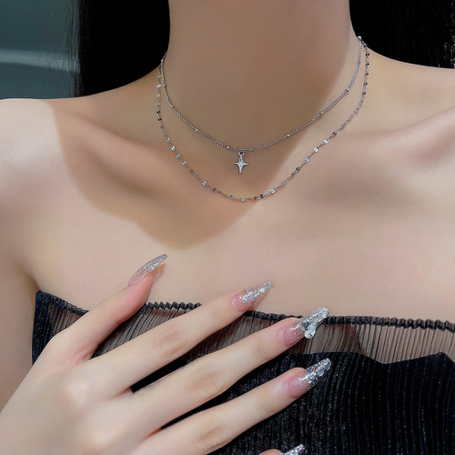 european and american double-layer stacked titanium steel necklace for women 2022 new style cool style personality clavicle chain trendy all-matching necklace